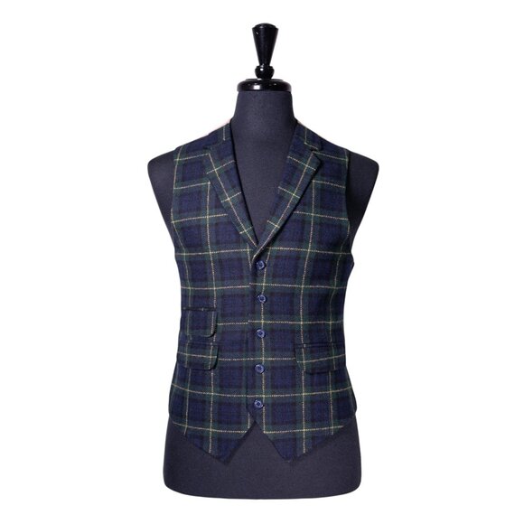 Mens Tartan Vest 40R Green Blue Yellow Wool Plaid Waistcoat Formal Wedding Party